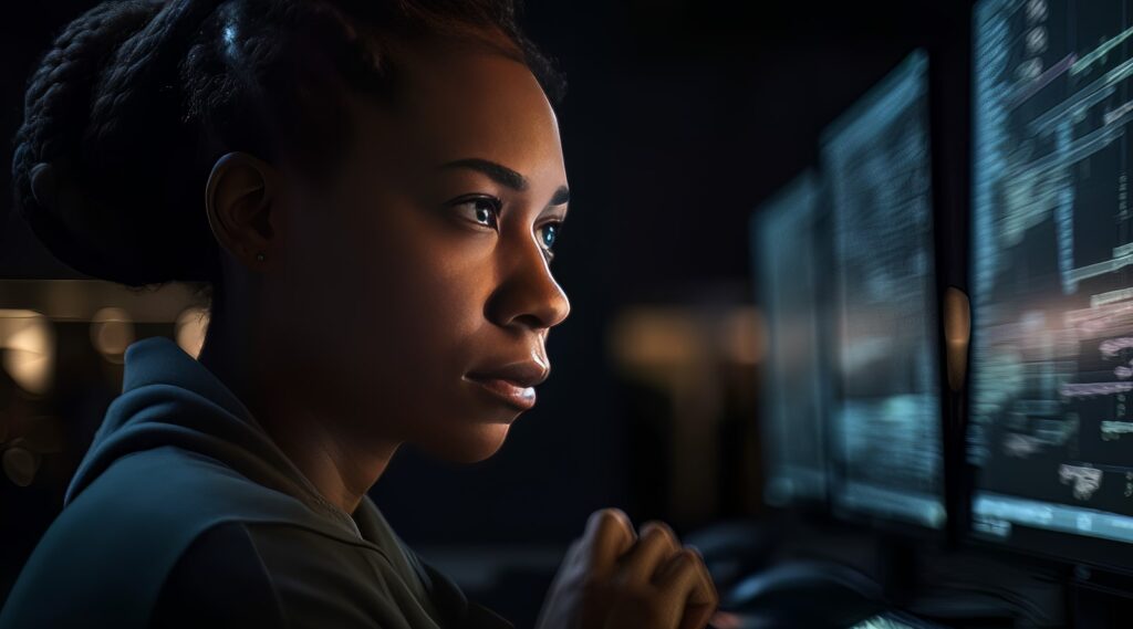 Uma programadora negra observando linhas de código na tela, exemplificando a importância do monitoramento de rede.