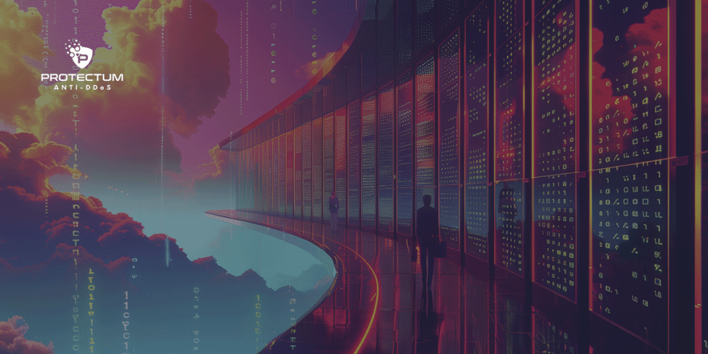 Data center digital simboliza a diferença entre DoS e DDoS em segurança e tráfego de rede.
