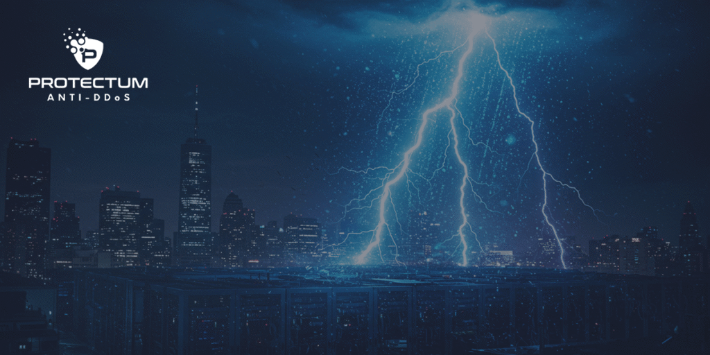 Tempestade elétrica simboliza o impacto de um ataque TCP SYN Flood em um provedor de internet.