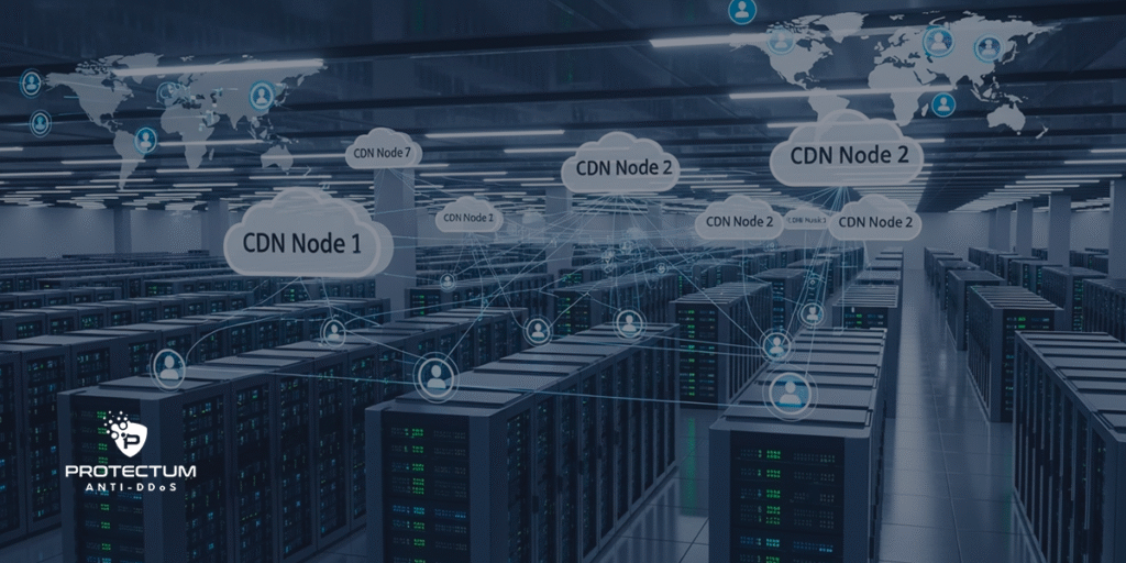 Data center com múltiplos servidores conectados a nós de CDN distribuídos em mapa global.