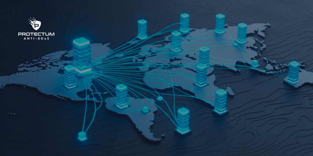 Ilustração 3D de rede global de servidores mostrando interconexão e distribuição via CDN.
