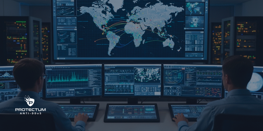 Analistas monitoram ataques globais em centro de operações de segurança da Protectum Anti-DDoS.