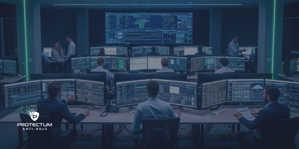 Centro de operações monitorando engenharia de tráfego e balanceamento de carga em tempo real.