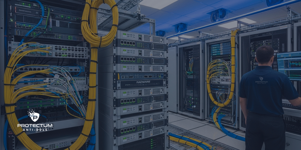 Profissional da Protectum monitora servidores e sistemas de mitigação DDoS em data center de alta segurança.