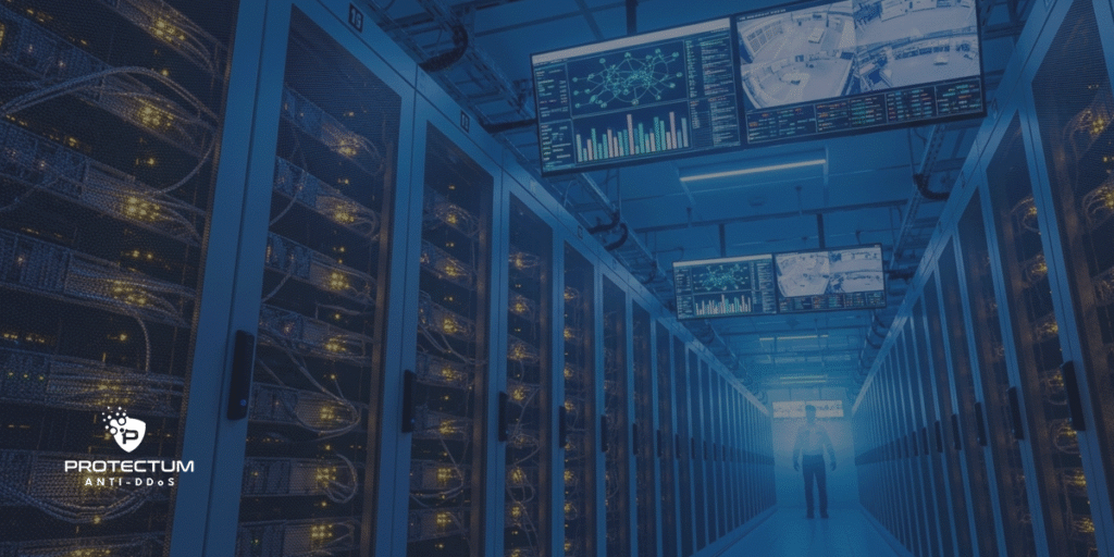 Imagem de servidores ou data center com visual tecnológico, transmitindo segurança e monitoramento constante