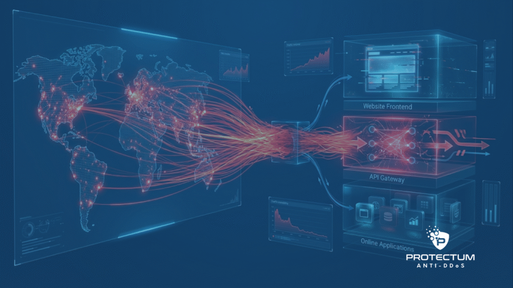 Ilustração de ataques DDoS mostrando tráfego distribuído vindo de uma rede global e sobrecarregando o Website Frontend, o API Gateway e as aplicações online da Protectum Anti DDoS.
