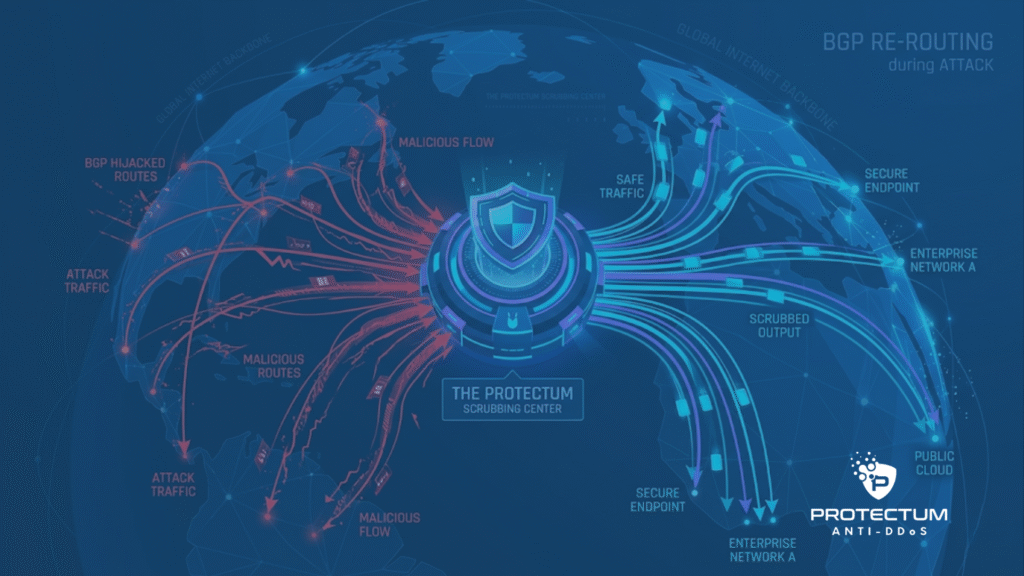 Um diagrama técnico global que ilustra a mitigação em scrubbing center durante um ataque BGP. Um globo azul escuro mostra a infraestrutura de internet. Setas vermelhas rotuladas "ATTACK TRAFFIC" e "MALICIOUS FLOW" mostram o tráfego malicioso sendo desviado de rotas normais e enviado para o "THE PROTECTUM SCRUBBING CENTER" central. Após a limpeza, setas azuis rotuladas "SAFE TRAFFIC" e "SCRUBBED OUTPUT" reencaminham o tráfego para destinos seguros, como "SECURE ENDPOINT" e "PUBLIC CLOUD". O diagrama inclui o título "BGP RE-ROUTING during ATTACK" e o logotipo da Protectum.