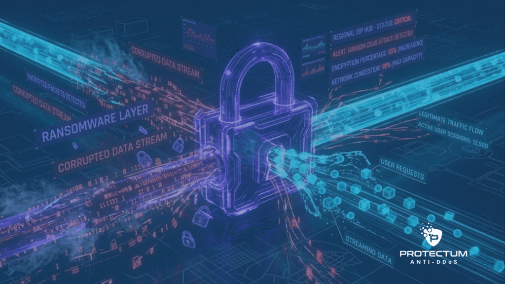 Diagrama isométrico de um hub de ISP regional cibernético com um grande cadeado central filtrando fluxos de dados. À esquerda, um fluxo de 'DADOS CORROMPIDOS' e 'CAMADA DE RANSOMWARE' com cadeados de bloqueio. À direita, um fluxo limpo de cubos de dados para 'TRÁFEGO LEGÍTIMO' e 'SOLICITAÇÕES DO USUÁRIO'. O diagrama ilustra como pequenos provedores são alvo de ataque DDoS, especificamente um ataque de ransomware, com um painel de alerta exibindo 'REGIONAL ISP HUB - STATUS CRÍTICO', 'ALERTA: ATAQUE DDoS DE RANSOMWARE DETECTADO' e 'CONGESTIONAMENTO DE REDE: 98%'. O logo Protectum Anti-DDoS está visível no canto inferior direito.