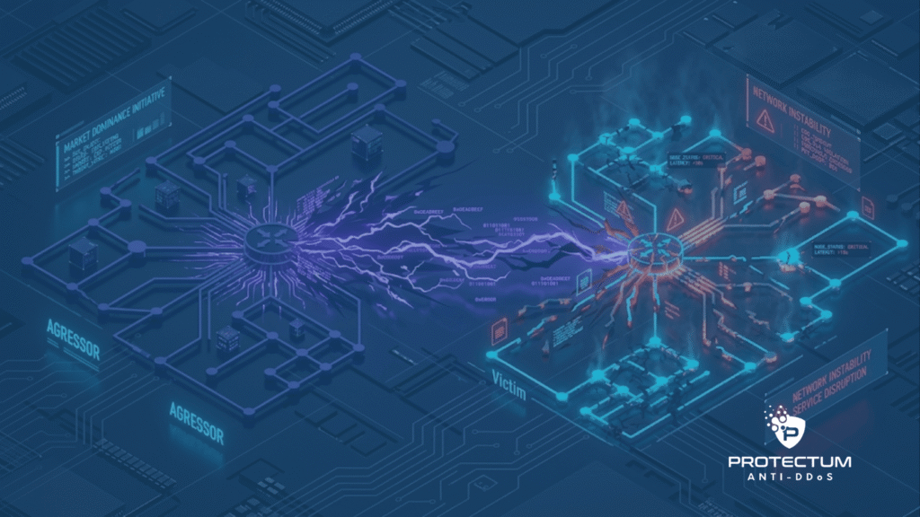 Diagrama de rede isométrico ilustrando um ataque cibernético: uma rede agressora (à esquerda) emite energia roxa e corrompida contra uma rede vítima (à direita), que está com falha e avisos de 'INSTABILIDADE DE REDE' e 'INTERRUPÇÃO DO SERVIÇO'. O diagrama ilustra como pequenos provedores são alvo de ataque DDoS. O nó da vítima mostra 'STATUS CRÍTICO' e o nó do agressor mostra 'INICIATIVA DE DOMINÂNCIA DE MERCADO'. O logo Protectum Anti-DDoS está visível no canto inferior direito.
