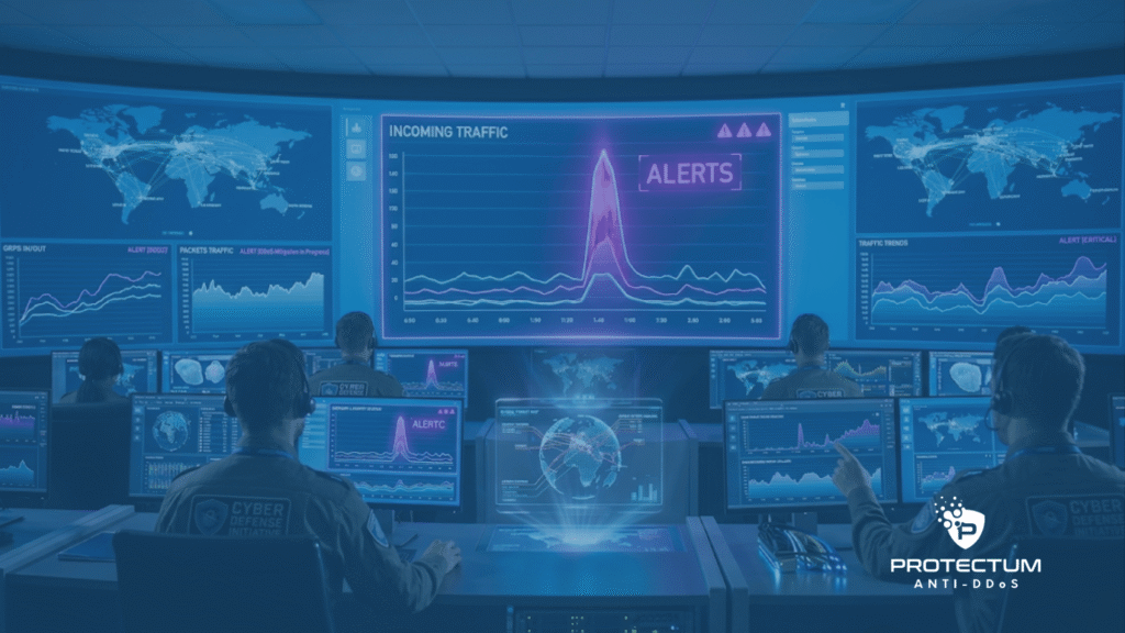 Equipe de analistas em um Centro de Operações de Rede (NOC) monitorando telas que ilustram na prática como funciona um ataque DDoS volumétrico, destacando um pico anormal de tráfego que aciona alertas no sistema.