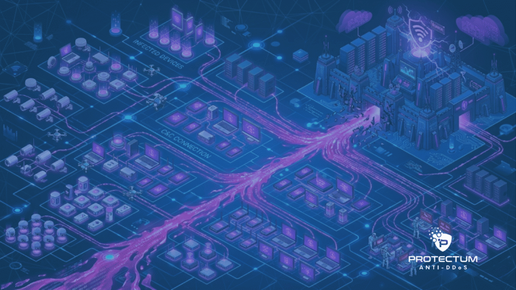 Ilustração isométrica detalhando como funciona um ataque DDoS na fase de recrutamento, mostrando uma botnet de dispositivos infectados enviando fluxos massivos de tráfego malicioso para sobrecarregar um servidor central.