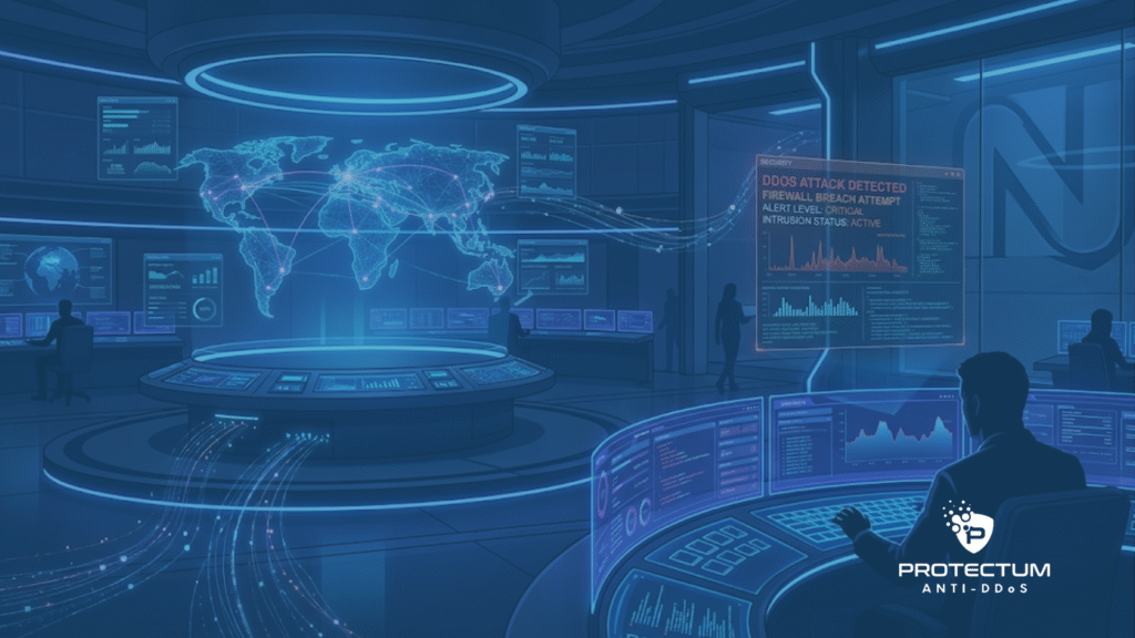 Equipe técnica em um moderno Centro de Operações de Segurança (NOC/SOC) monitorando telas globais e gráficos com alertas de ataque DDoS detectado, evidenciando o monitoramento proativo da Protectum na proteção contra DDoS para provedores de internet.
