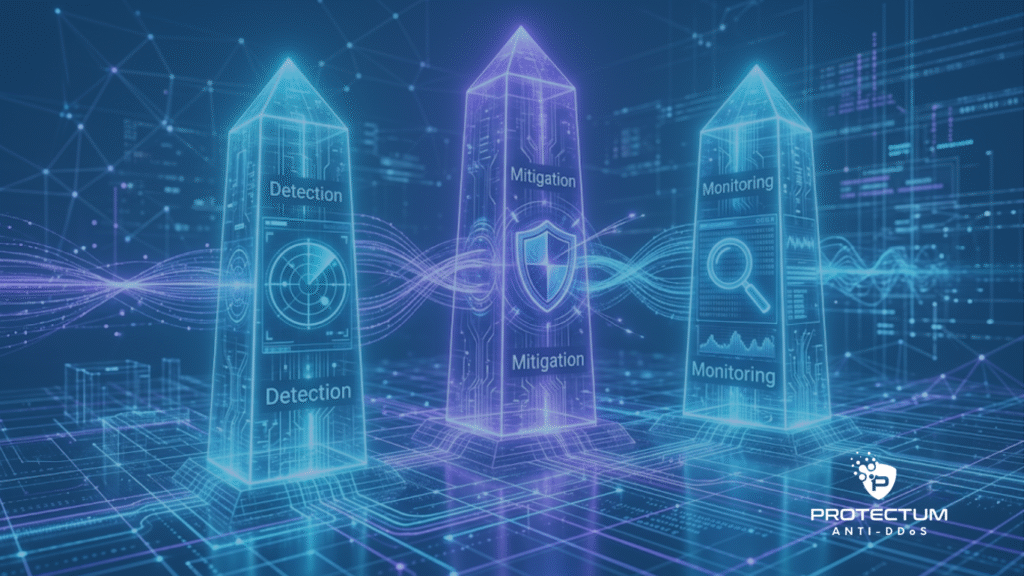 Três obeliscos holográficos em azul e roxo representando a Tríade da Blindagem (Detecção, Mitigação e Monitoramento) da Protectum Anti-DDoS para garantir uma completa proteção contra DDoS para provedores de internet.