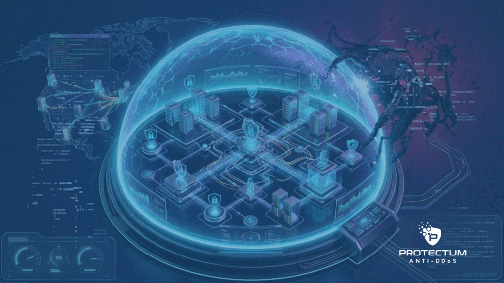 Ilustração 3D de uma cúpula digital protetora sobre racks de data center em rede, defendendo a infraestrutura contra uma criatura cibernética de malware, representando a segurança em camadas da Protectum para prevenir o prejuízo ataque DDoS provedor.